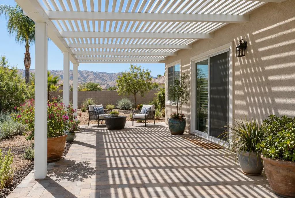 White aluminum lattice patio cover casting striped shade across a paver patio
