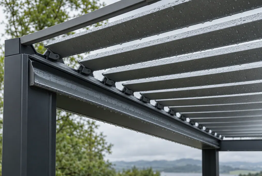 Close-up of aluminum louver blades and the beam that drains rainwater on a louvered roof