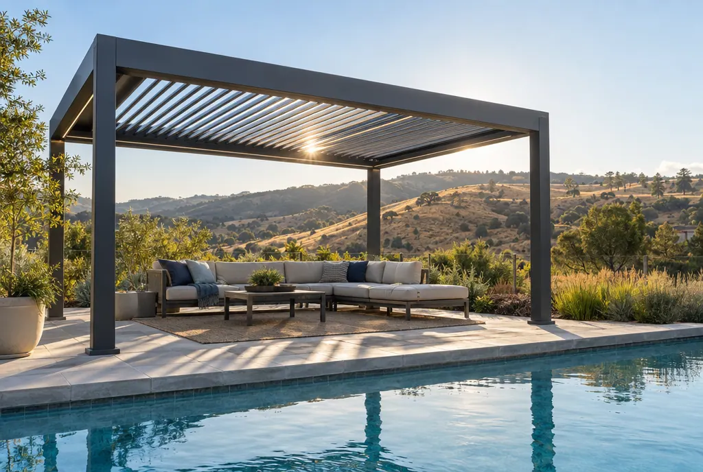 Dark aluminum louvered pergola beside a pool, with the louvers partly open to the sun