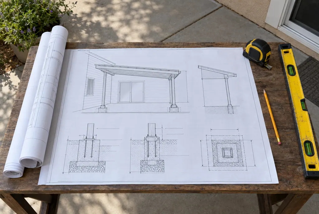 Patio cover construction drawings with footing details, a tape measure and a level on a table